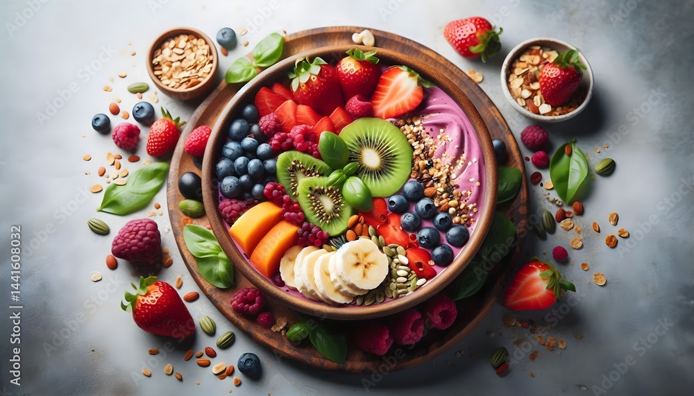 Poster high-quality flat lay image of colorful smoothie bowls filled with fruits and seeds on rustic table 