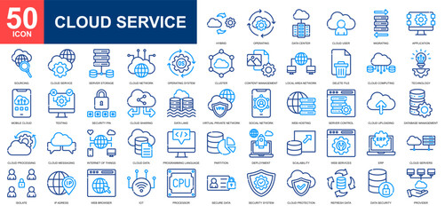 Cloud service icon set collection. Digital service, cloud compunting, programming, seo and web, cyber security icon. Simple line color vector.
