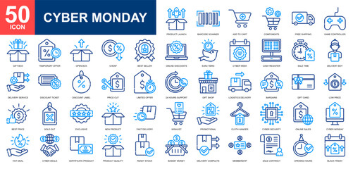Cyber Monday icon set collection. Ecommerce, sales marketing, product management, discount, online shopping icon. Simple line color vector.