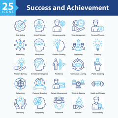 Fototapeta premium Success and Achievement is a collection of icons in sheet format illustrating self-development, leadership, decision-making, and global and social awareness throughout personal growth journeys.
