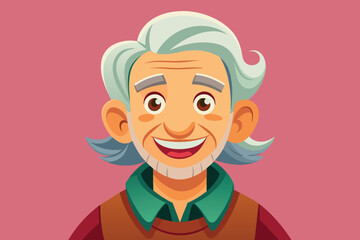 An elderly man with a warm smile and gray hair casually dressed in a green shirt and brown vest stands against a pink background, exuding a friendly vibe.