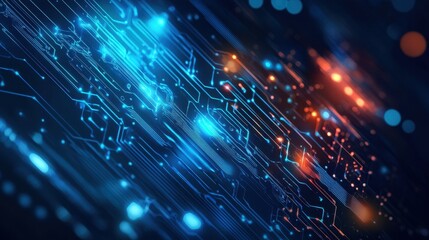 Abstract digital circuit board background with glowing blue and orange lines.