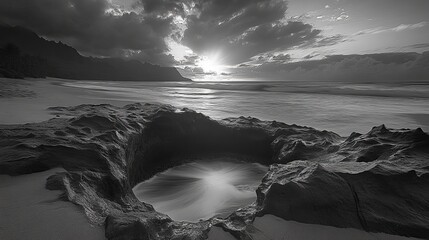 Dramatic black and white coastal scene with ocean waves crashing on rocky shore at sunset sea sky