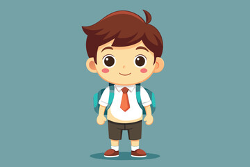 Obraz premium A young boy stands confidently with a big smile, dressed in a white shirt and brown shorts, sporting a tie and a backpack, emphasizing the excitement of a school day.