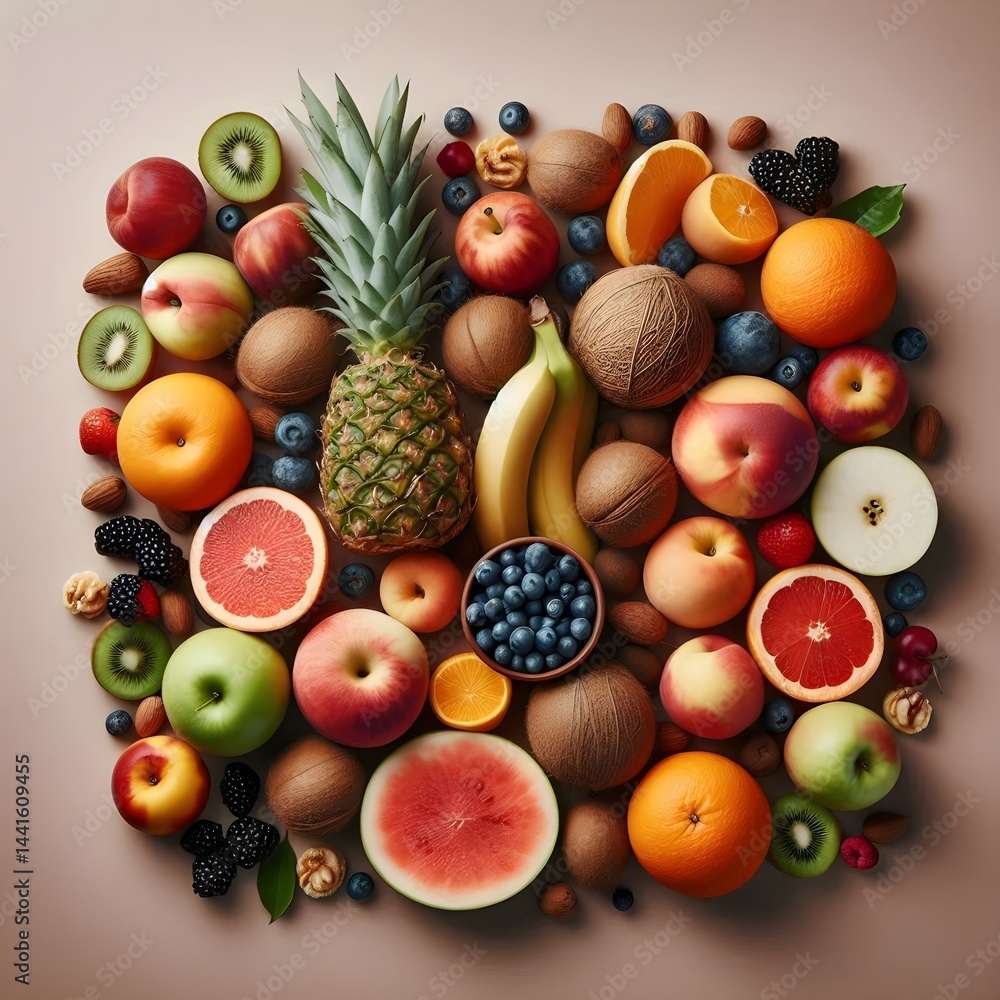 Poster top view of assorted fresh fruits arranged on a soft brown background with realistic juicy textures 