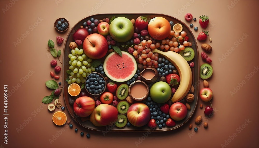 Poster high-resolution top-down view of vibrant fresh fruits displayed neatly on a soft brown backdrop with