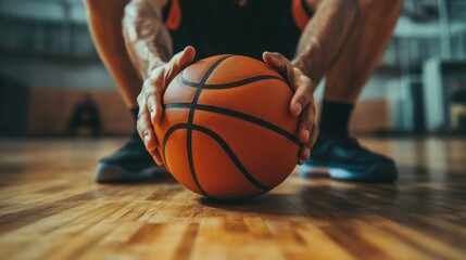 Close-up of a male athlete holding a basketball on a gym court, ready for the game.