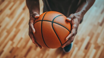 Male athlete holding a basketball on a wooden court, capturing the anticipation of the game.