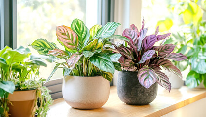Fototapeta premium Vibrant Calathea Plants in Modern Pots on Windowsill