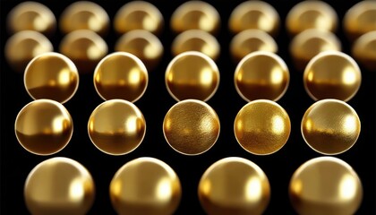 rows of shiny and matte golden spheres arranged in a grid against a black background with reflective metallic textures, evoking elegance and luxury