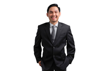 Confident young Asian man smiling in formal black suit with hands in pockets, isolated on transparent background