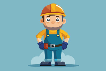 A cartoon construction worker stands proudly, dressed in blue overalls with a hard hat and gloves, ready for a day's work at a construction site, emphasizing safety and determination.