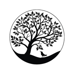 Minimalist tree silhouette with bird simple nature vector art design.