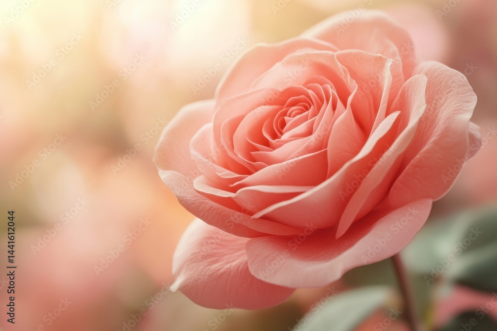 Poster close up of a single pink rose with soft petals and a blurred background in a soft light setting
