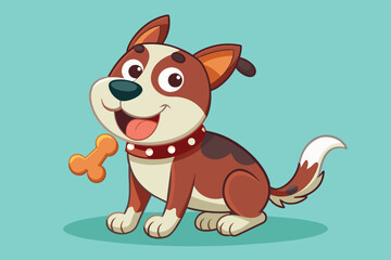 Fototapeta premium This cartoon dog happily sits with a playful expression, holding a bone in its mouth. Its distinctive brown and white fur adds to its adorable charm, perfect for children's illustrations.