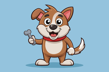 Fototapeta premium A cartoon dog with a brown coat and a red collar joyfully holds a bone in its paw, displaying a friendly expression against a light blue backdrop.