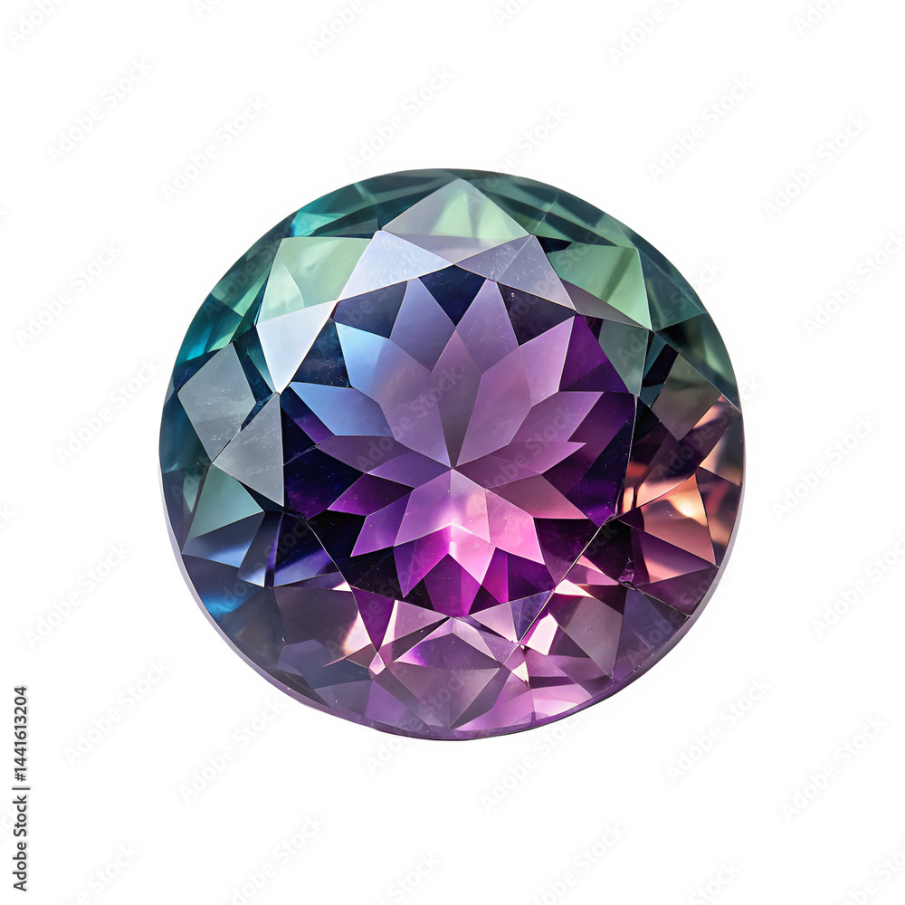 Poster centered front view of a brilliant-cut alexandrite, displaying its color-changing properties and sha