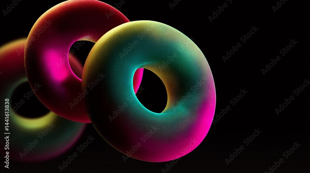 Poster floating iridescent torus shapes on a dark backdrop creating a modern abstract art