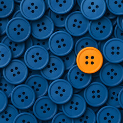 One bright orange button standing out among many blue buttons, uniqueness and individuality concept, sewing accessory pattern, creative background for fashion or textile use