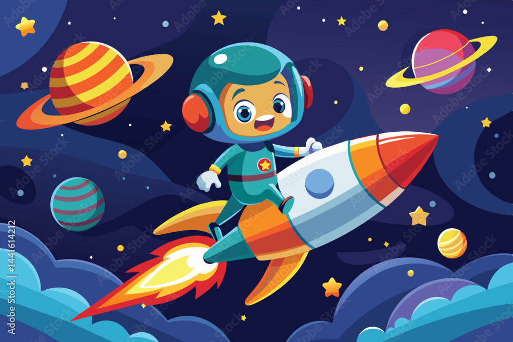Poster a joyful character in a space suit rides a bright rocket through a galaxy filled with colorful plane