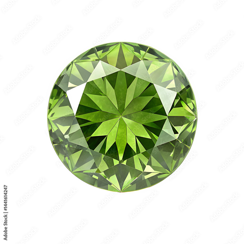 Poster centered front view of a full peridot, highly polished to highlight its vibrant green color and clar