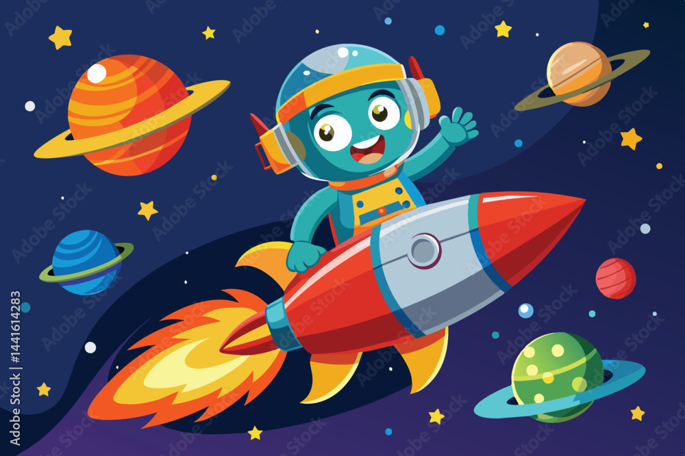 Poster a colorful cartoon character in a spacesuit joyfully rides a rocket through a whimsical space filled