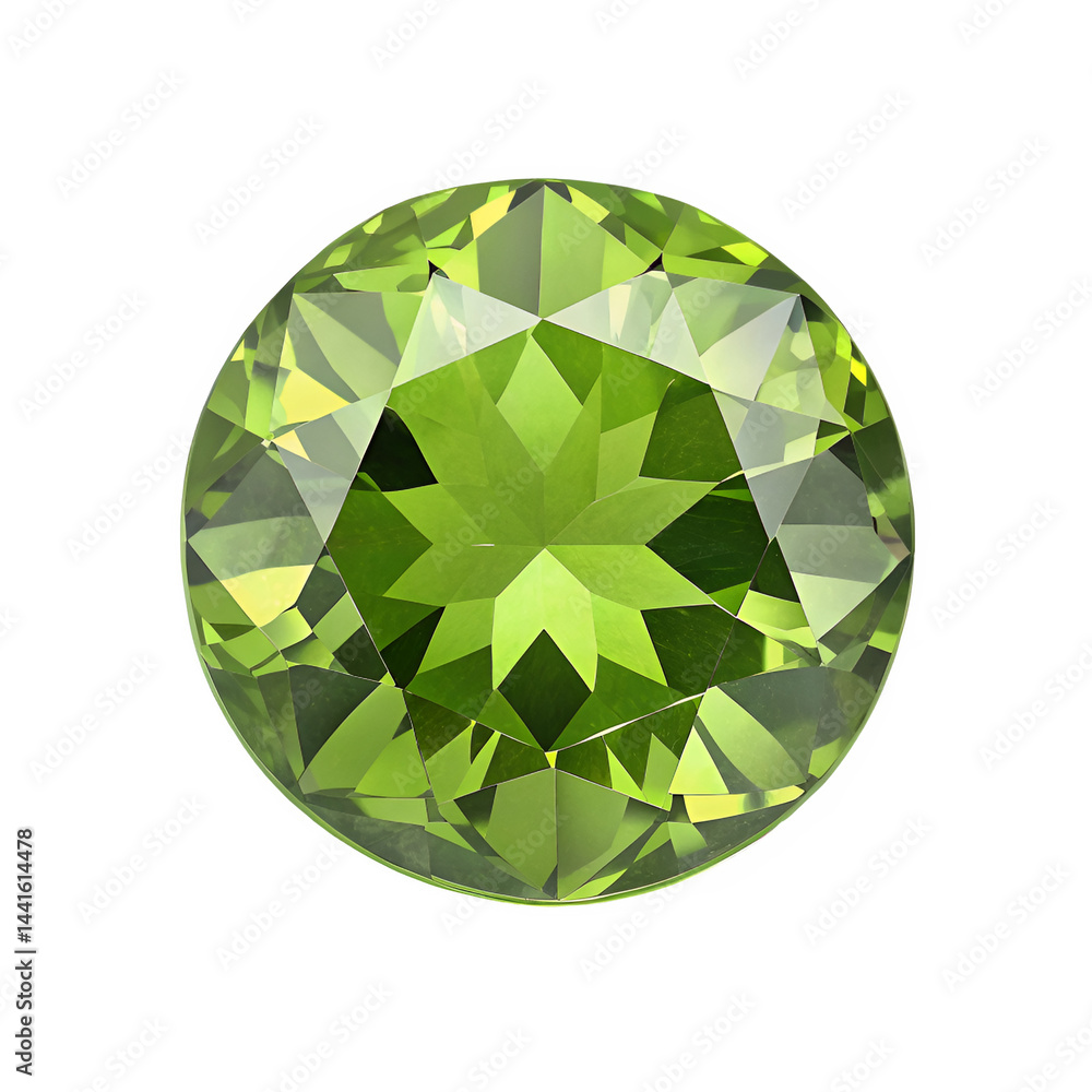Poster centered front view of a full peridot, highly polished to highlight its vibrant green color and clar