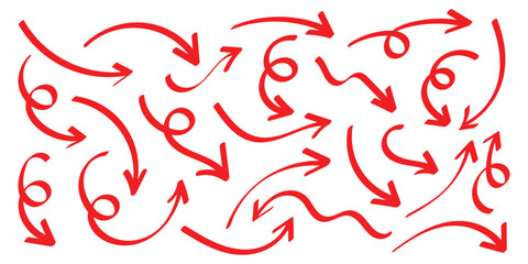 Curved arrow icons designs. Red doodles arrow set. Simple red curved hand drawn arrows. Curly arrow icons set. Vector illustration. EPS 10
