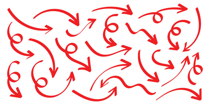 Curved arrow icons designs. Red doodles arrow set. Simple red curved hand drawn arrows. Curly arrow icons set. Vector illustration. EPS 10