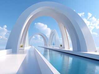 Futuristic white arch bridge over water in a cinematic setting