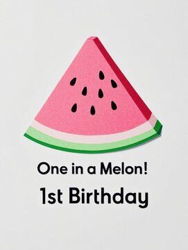 One in a Melon 1st Birthday card design with watermelon slice illustration, cute first birthday party invitation and celebration concept, playful kids birthday graphic
