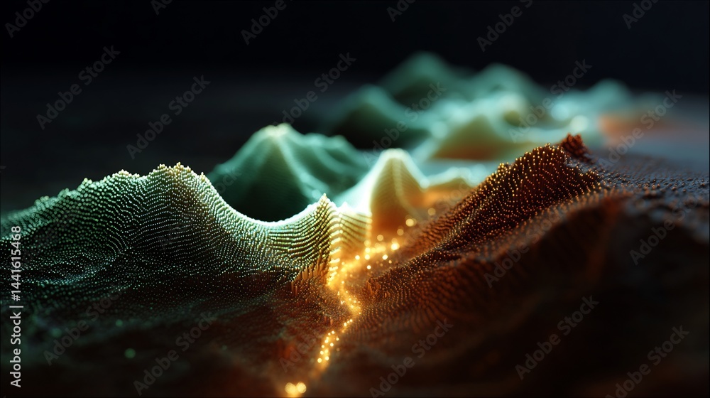 Poster abstract undulating terrain created with light particles simulating a landscape