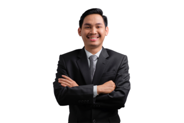 Confident Asian businessman in suit smiling with arms crossed isolated on transparent background