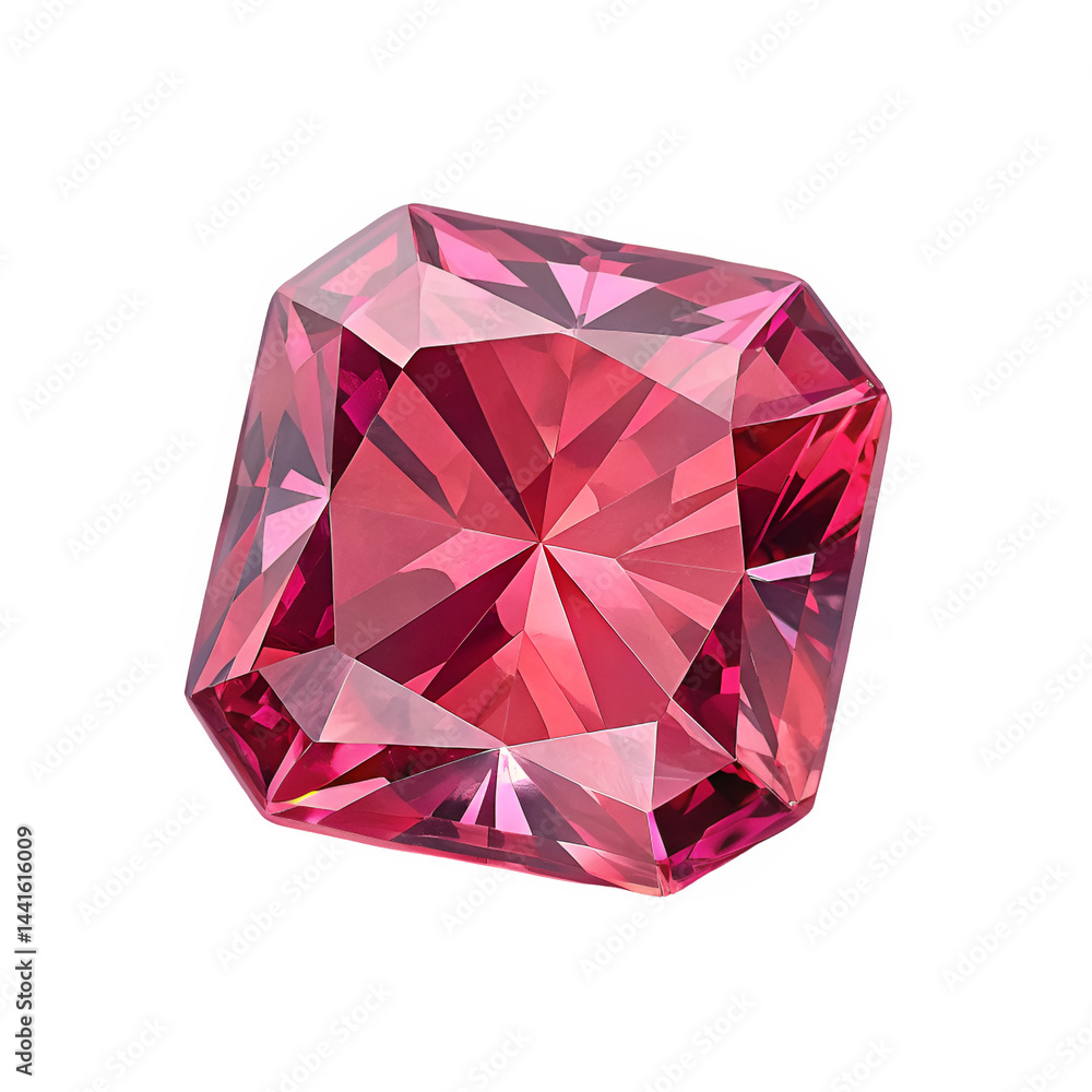 Poster flat frontal view of a brilliant-cut spinel, centered to showcase its deep color and sharp facets