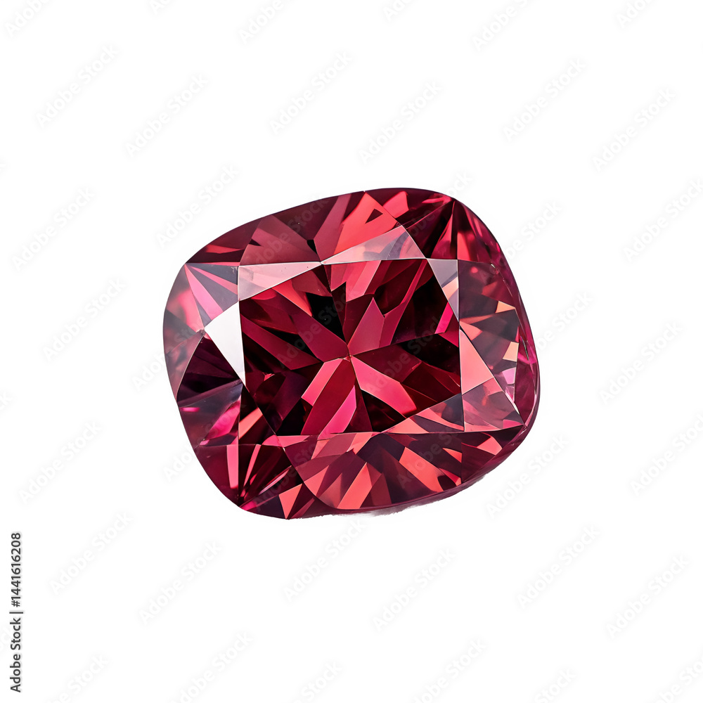 Poster flat frontal view of a brilliant-cut spinel, centered to showcase its deep color and sharp facets