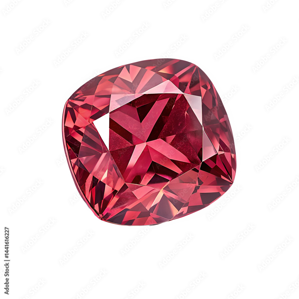 Poster flat frontal view of a brilliant-cut spinel, centered to showcase its deep color and sharp facets