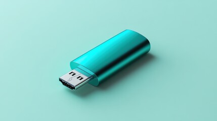 A compact USB flash drive with a metallic blue body, on a pale green background 