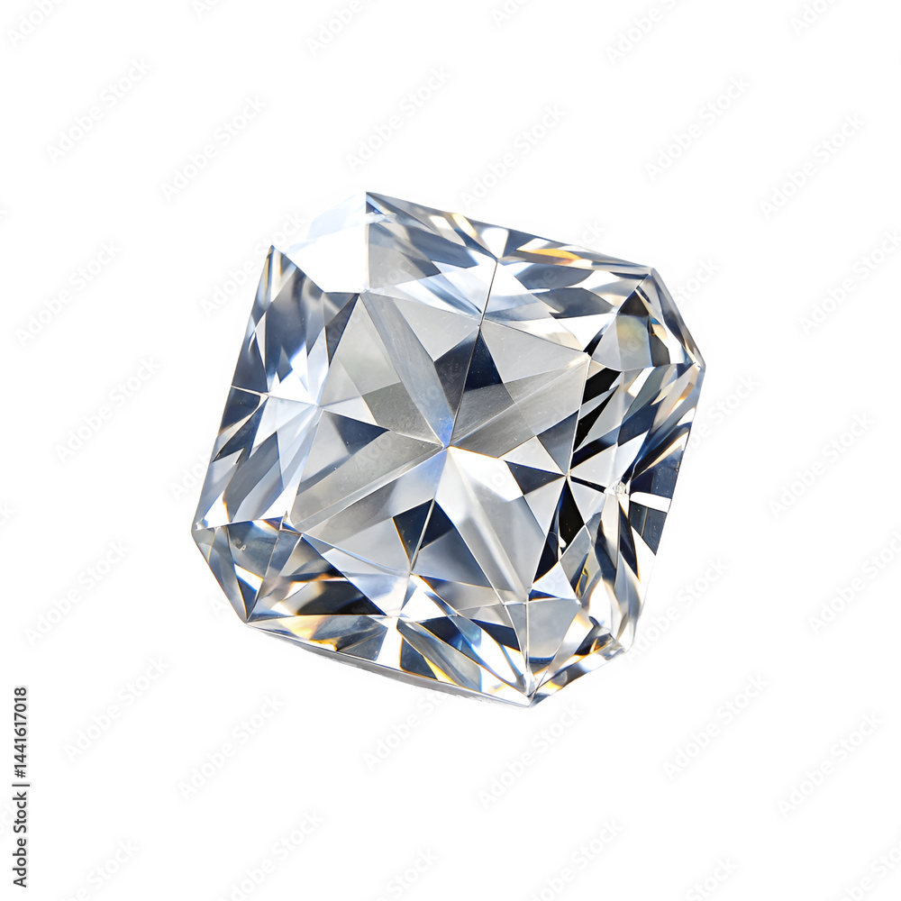 Poster full side view of a colorless zircon, showing its transparency and intricate facets