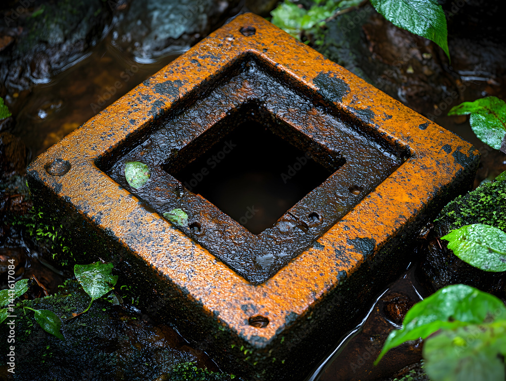Poster abstract image of a weathered orange square block with a square hole in the center, nestled amongst 