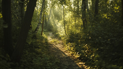 Obraz premium Sunlit path through a verdant forest