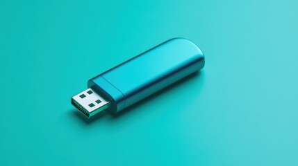 A compact USB flash drive with a metallic blue body, on a pale green background 