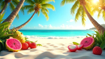 Vibrant, juicy pitaya, starfruit, and lychee fruits are scattered across the soft, powdery white sand, which is subtly textured and glistens in the warm sunlight,