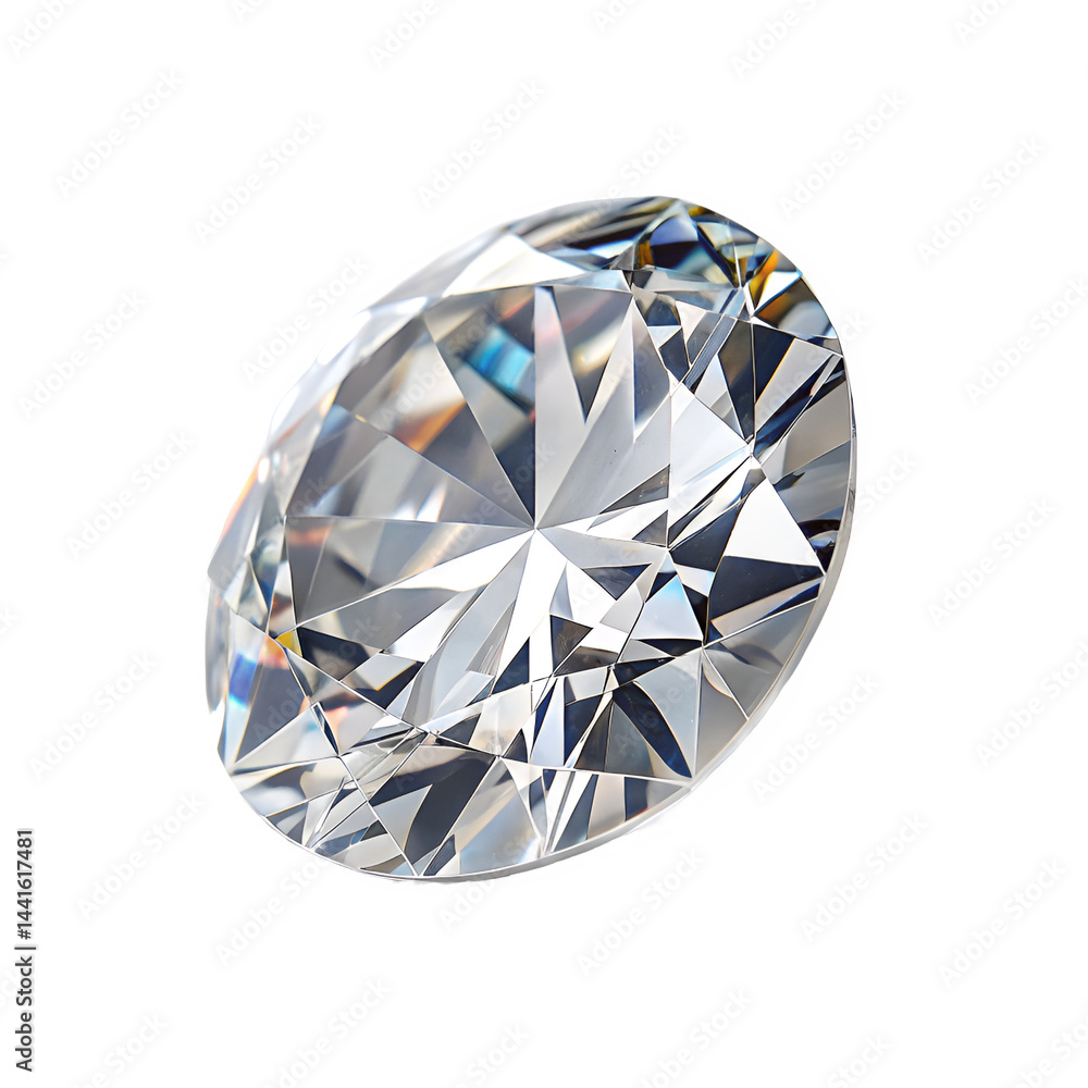 Poster full side view of a colorless zircon, showing its transparency and intricate facets