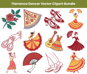 Spanish Flamenco Culture Collection Featuring Dancers, Rose, Shawl, Shoes & Musical Instruments