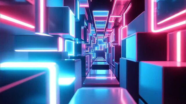 Futuristic animation of neon cubes moving in depth layers
