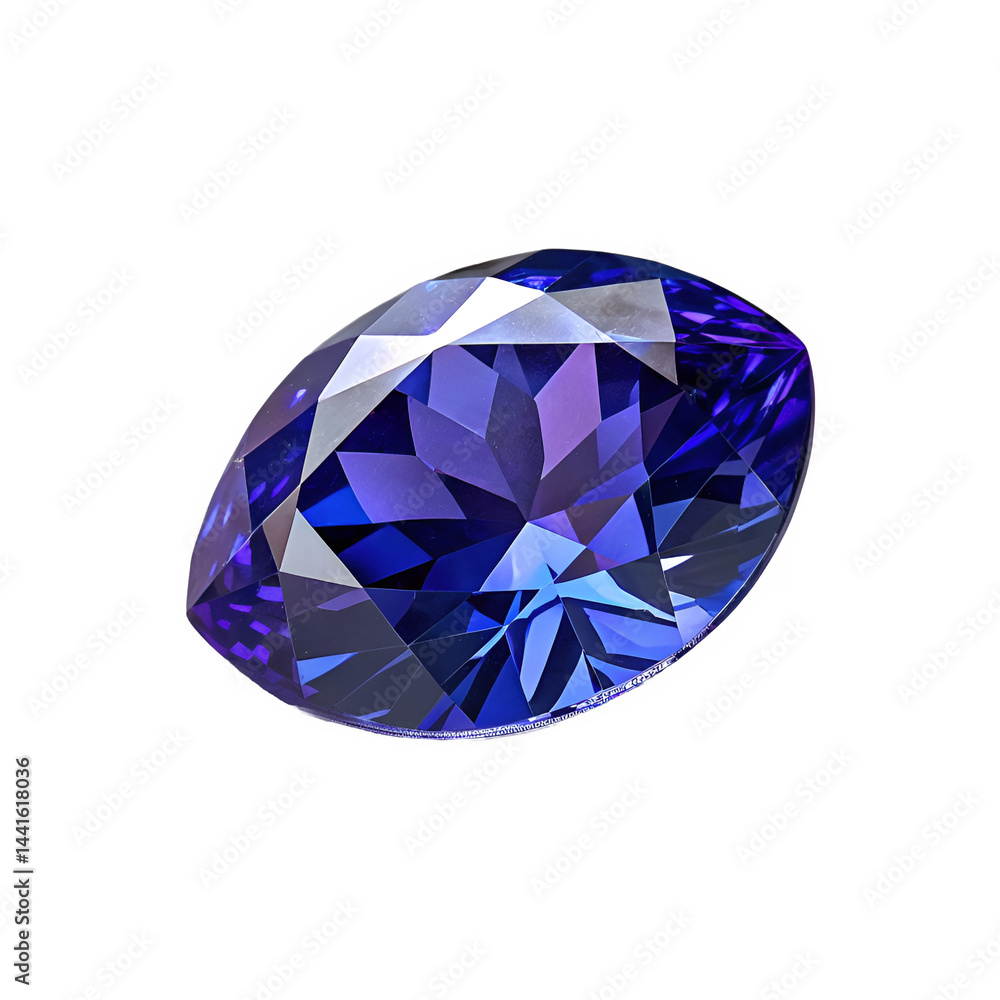 Poster full side view of a tanzanite gemstone, deep internal facets reflecting its vibrant color and depth