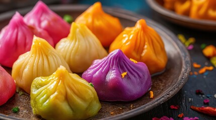 Colorful steamed dumplings arranged on a dark wooden plate with vibrant scattered petals.
