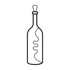 Bottle of wine and corkscrew illustrated in continuous line art drawing style showcasing minimalist wine culture themes perfect for winery branding wine tasting events and decor designs