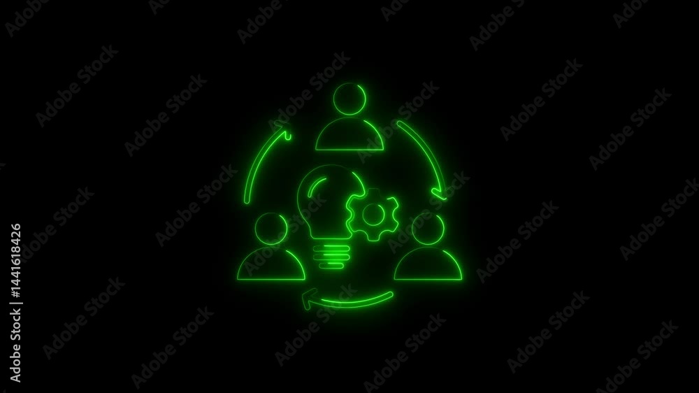 Poster teamwork generating innovation with lightbulb and gear animated by arrows