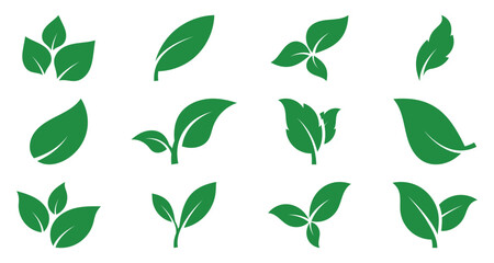 Green leaf ecology nature element vector icon set, Flat leaves icons. Abstract Leaf Logo design vector template. Leaf Icon pack, green leaf ecology nature element. Vector illustration.